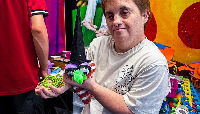 Person taking part in Puppet Making workshop at Creadigol Colwyn Creative
